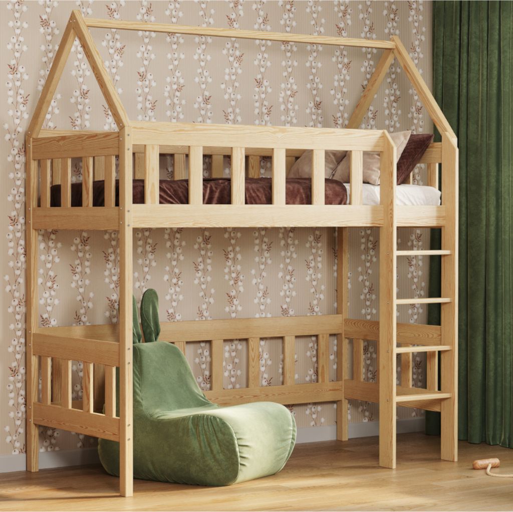 Loft Bed Hausbett Etagenbett Kinder Hochbett Mit Treppe Kinderhochbett Hoch Bett Erwachsene Jugendliche, 80x160 natürlich