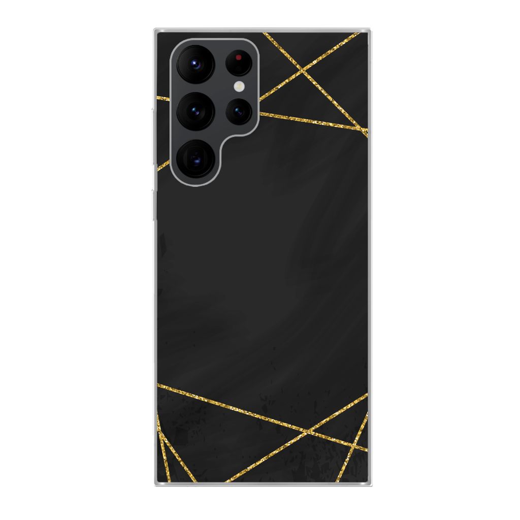 MuchoWow Handyhülle Schutzhülle Hülle für Samsung Galaxy S22 Ultra Geometrisches Muster aus goldenen Linien auf schwarzem Hintergrund Silikon...