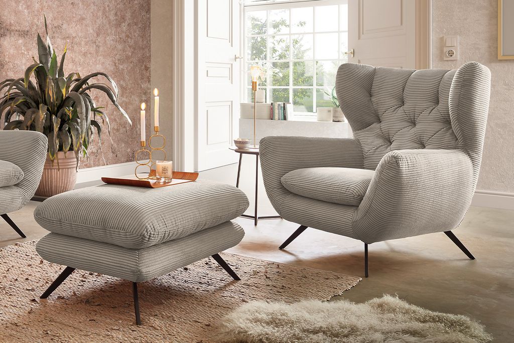 KAWOLA Sessel CHARME Hochlehnsessel Cord steingrau mit Hockerbank