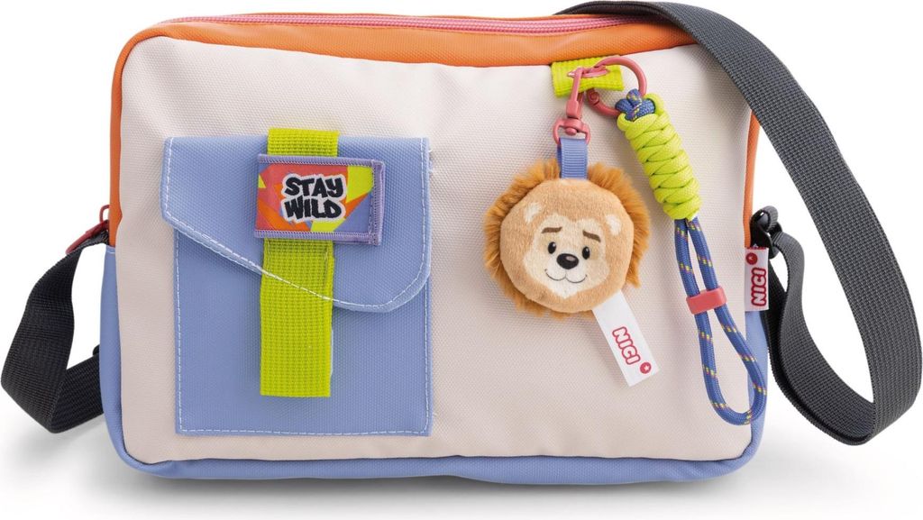 Schultertasche Löwe mit längenverstellbarem Tragegurt 18x26x4cm - beige - Trendige Umhängetasche mit Anhänger, süße Crossbody-Bag für Alltag...