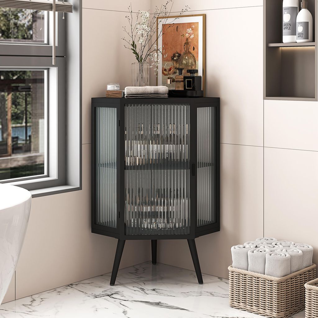 80CM Boden Eckschrank, Schwarz, 2 Ebenen mit Glastüren & Produktbild 