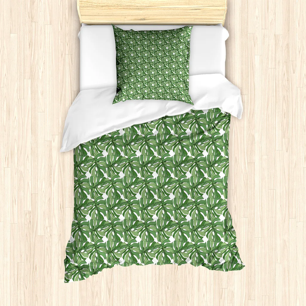 ABAKUHAUS Set copripiumino per letto singolo Jungle Leaves, foglie di albero sulla spiaggia, antiacaro, adatto a chi soffre di allergie, con federa, 135 cm x 200 cm - 80 x 80 cm, verde felce, verde pavone