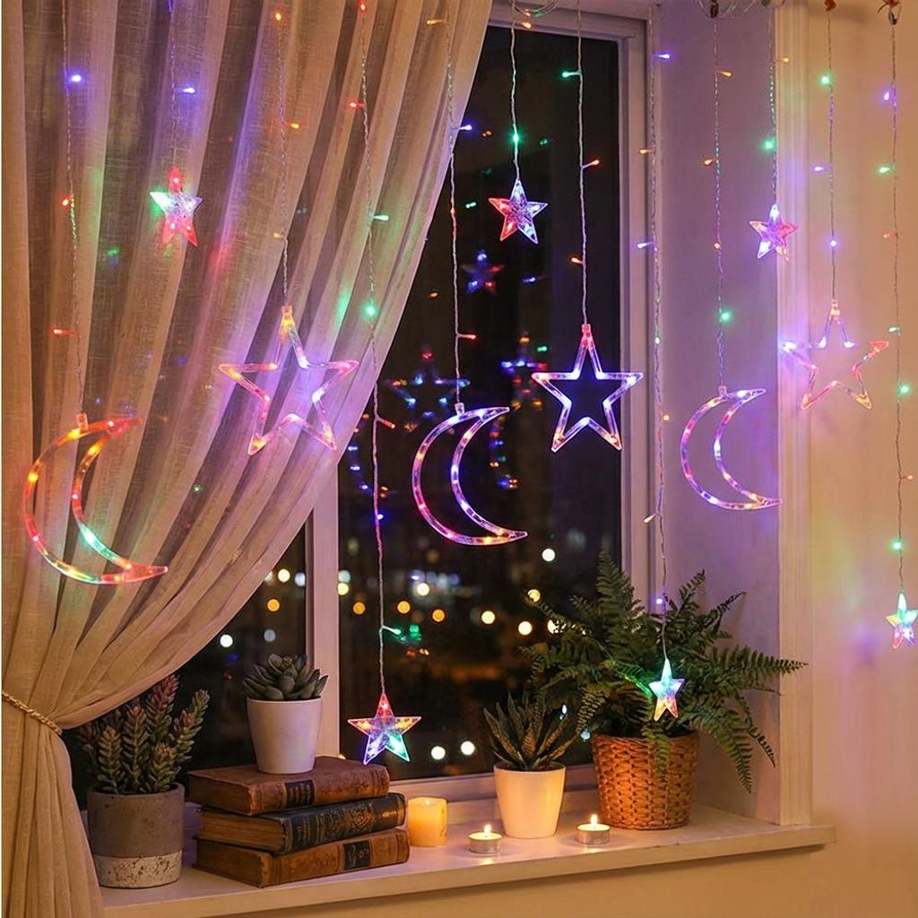 138 LED Ramadan Lichterkette – 5,5m Stern- Und Mond-Vorhang Mit Fernbedienung – 8 Modi, Timer & Speicherfunktion, IP65 Wasserdicht – Für Innen & Außen, Party & Balkon