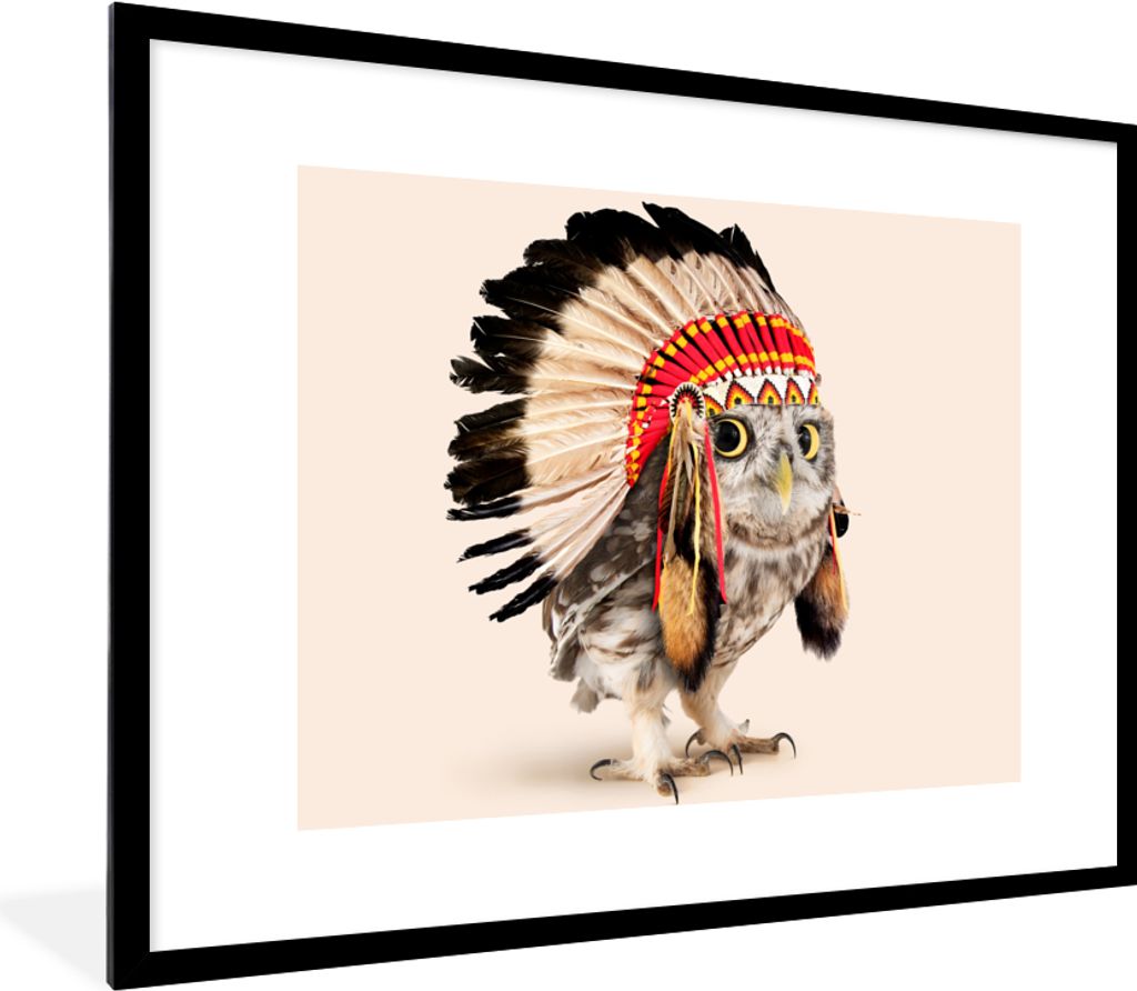 MuchoWow Gerahmtes Poster Tier - Eule - Indianer - Vogel 80x60 cm - Poster mit Schwarzem Bilderrahmen Wandposter Rahmen Foto Bilder - Schlafzimme...