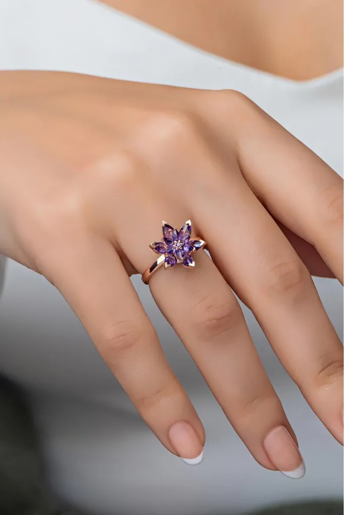 Bague en argent sterling 925 réglable avec fleur de lotus et zircone
