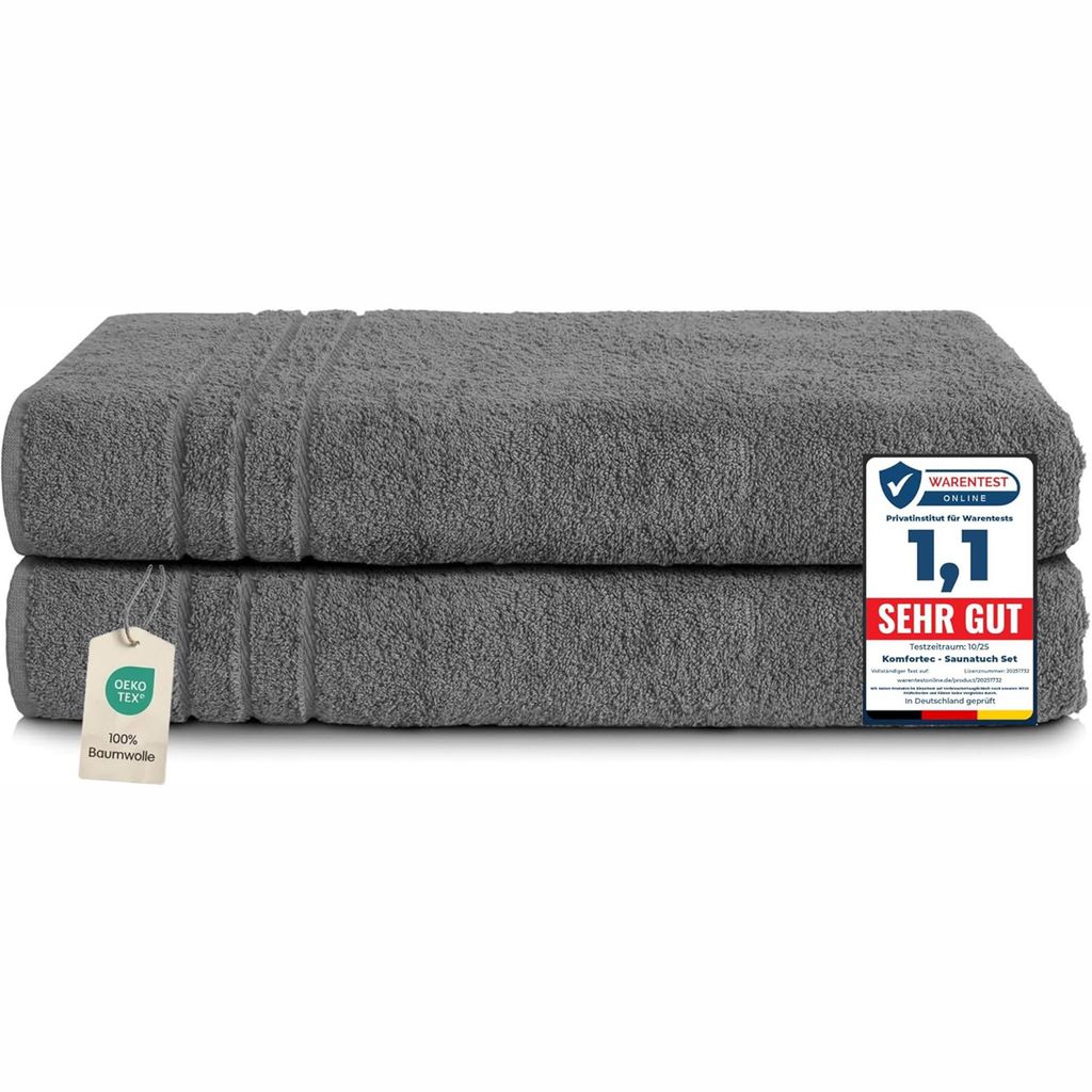 Komfortec 2er Saunatuch Set 80x200 cm aus 100% Baumwolle, XXL-Saunatücher, Sauna Handtuch, Weich, Groß, Frottee, Schnelltrocknend, Anthrazit Grau