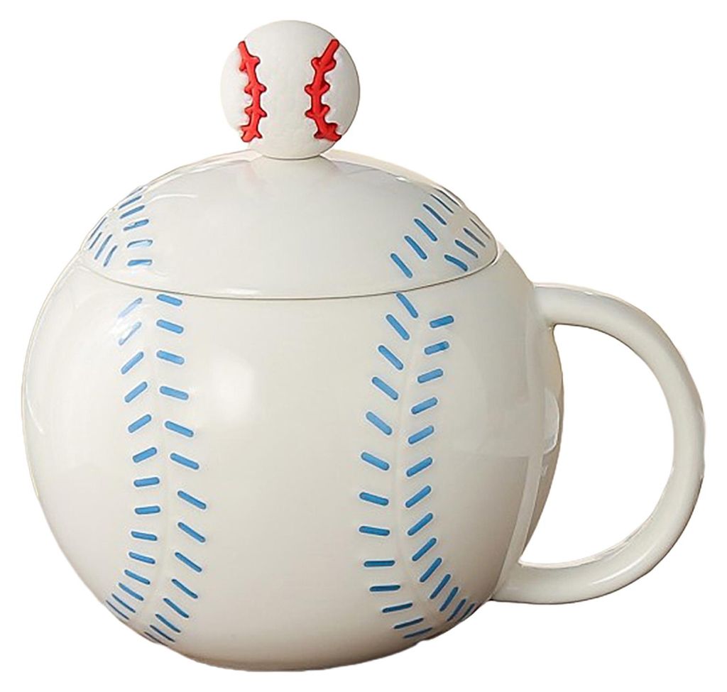 Baseballförmiger Kaffeebecher mit Deckel und C-förmigem Henkel, Keramikbecher, 420 ml, Trinkbecher für Kaffee, Tee und andere Getränke, für Zu...