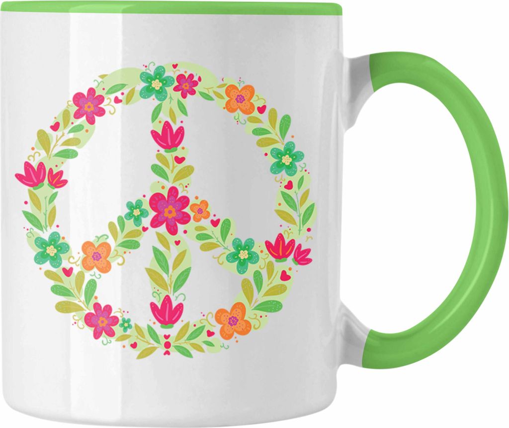 Trendation - Peace Zeichen Tasse Frieden Hippie 90er 80er Grafik Geschenk Blumen Grün (Grün)