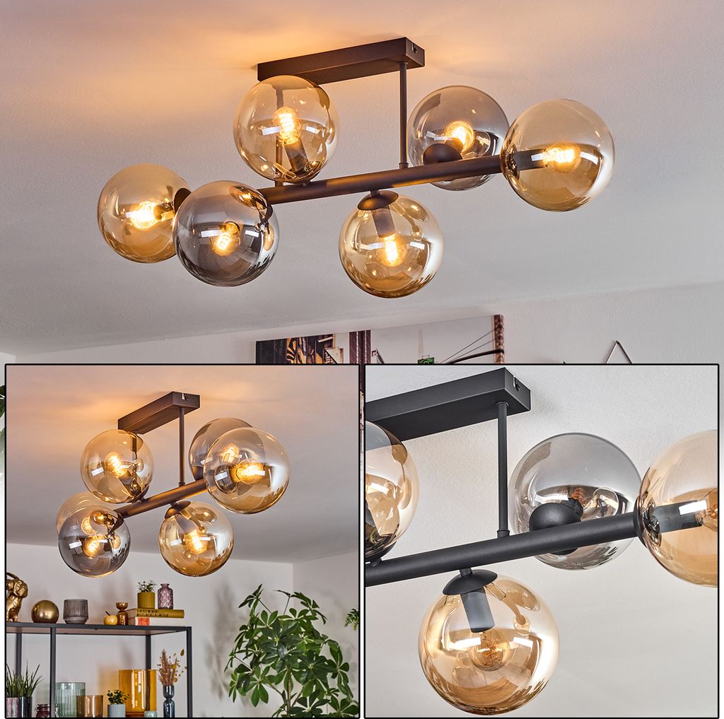 Fossobiubo 6-flammige Deckenlampe aus Metall/Glas in Schwarz/Bernstein/Rauch