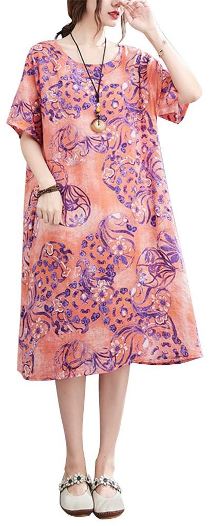 Frauen Loses Kleid Blumendruck Boho Kleid mit Taschen Kurzarm Rundhals Sommer Lässiges Urlaubskleid Rosa M