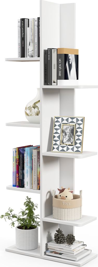 A white, multi-tiered bookshelf with various items placed on its shelves.