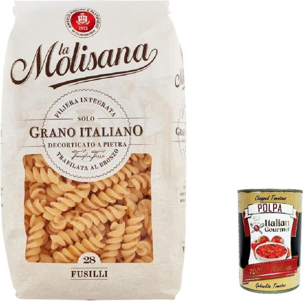 5x La Molisana Fusilli N. 28 Pasta Lenta Lavorazione Teigwaren aus Hartweizengrieß Bronze-Zeichnung 500g + Italian Gourmet Polpa 400g