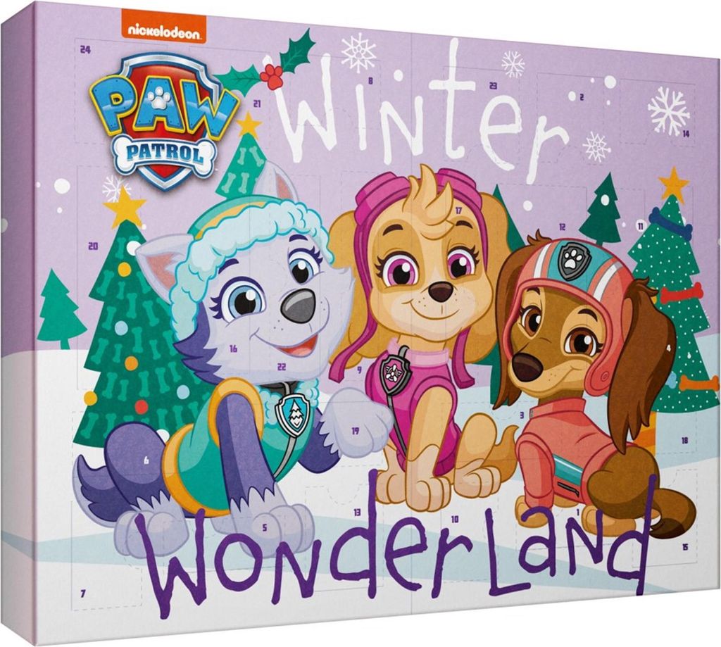 A Paw Patrol Winter Wonderland Beauty Advent Calendar featuring three characters from the show.