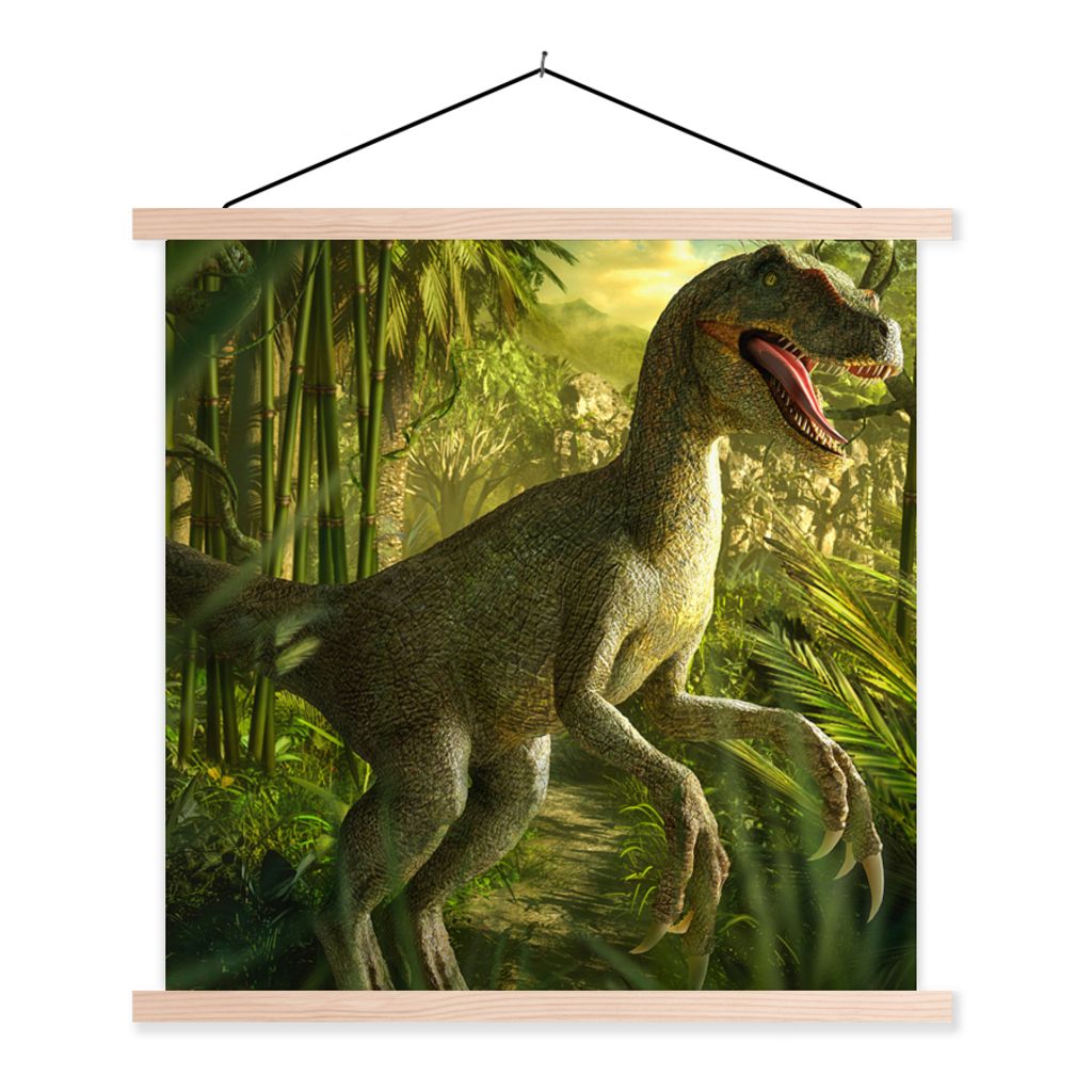 MuchoWow Textilposter Dinosaurier - Pflanzen - Grün - Illustration - Kinder - Jungen 40x40 cm mit holzfarbenen Rahmen - Posterleiste