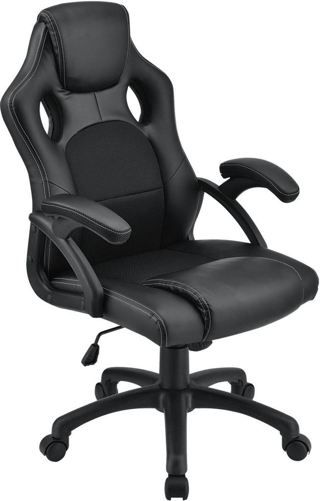A black racing-style office chair against a white background.