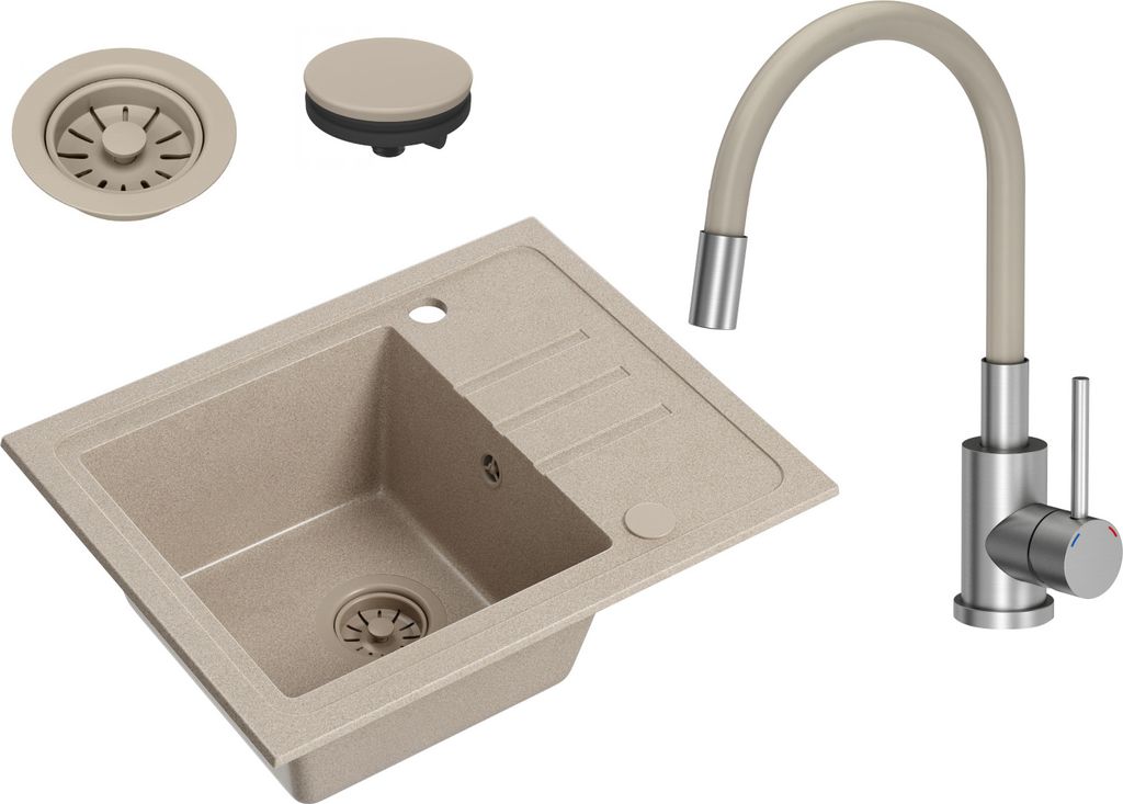 VBChome Spülbecken Granit Beige mit Armatur 55 x 44 cm Einzelbecken Einbauspüle Gesprenkelt Reversibel Granitspüle Beige Siphon Waschbecken Armatur