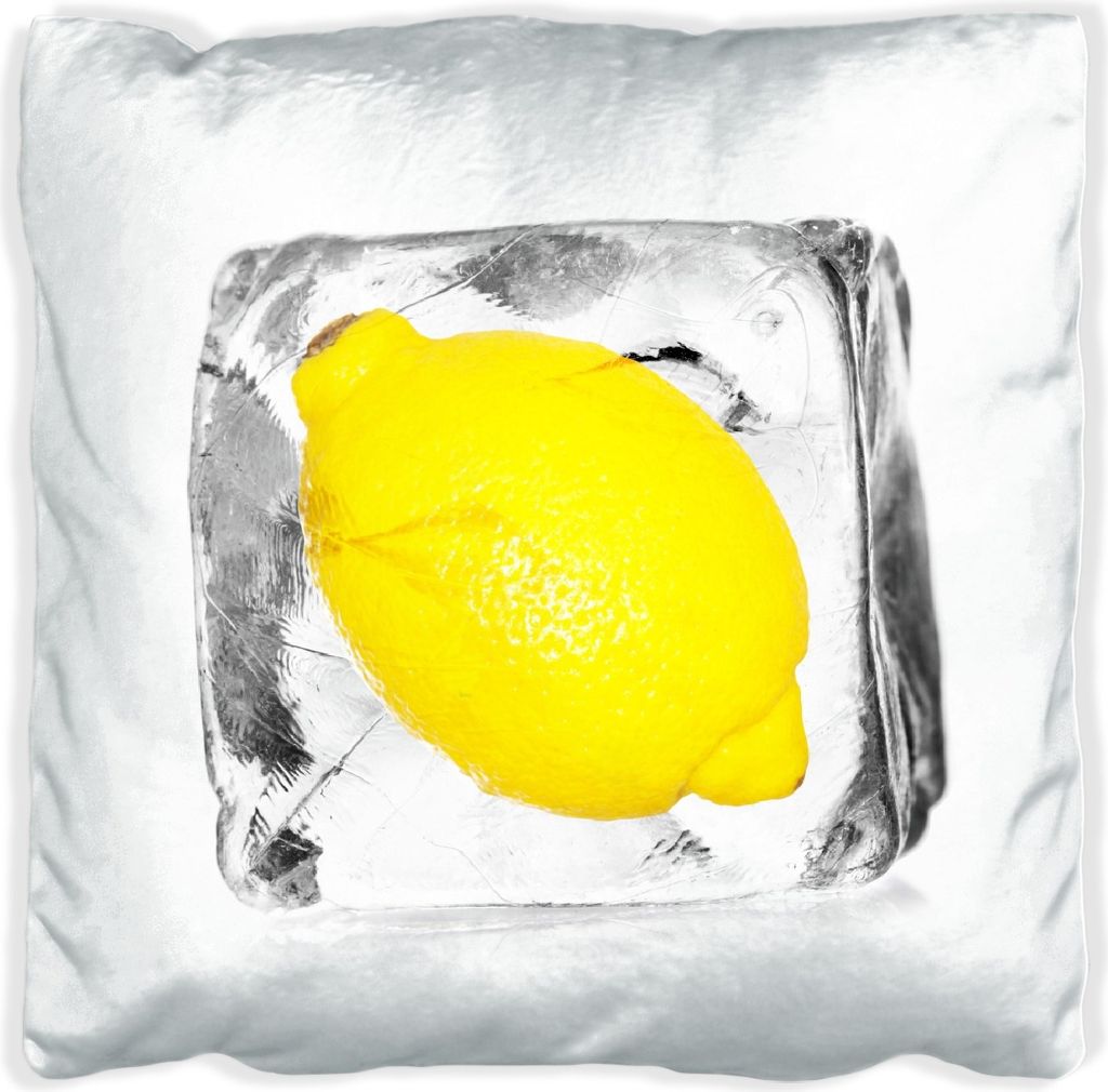 Wallario Premium Kissen, weiche Oberfläche, mit Motiv Zitrone in Eiswürfel - Eiskaltes Obst, Größe: 40 x 40 cm, mit weißer Rückseite
