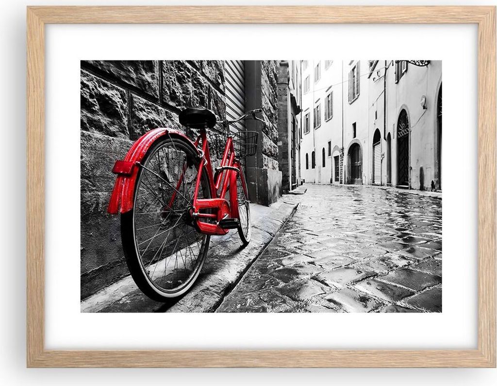 Gerahmtes Poster - Rahmen in heller Eiche - Straße Fahrrad Kopfsteinpflaster Gebäude - 40x30 cm - Wand Bild - Wanddeko - Wandbilder - Wandposter ...