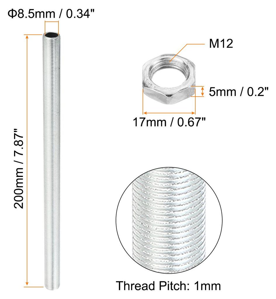 M12 Gewinde 7.87" Lampe Leitung Kit mit Schloss Muttern 3 Set Alle Gewindest?be Verschlš¹sse Hardware fš¹r Kronleuchter Deckenlicht DIY Verzinkung