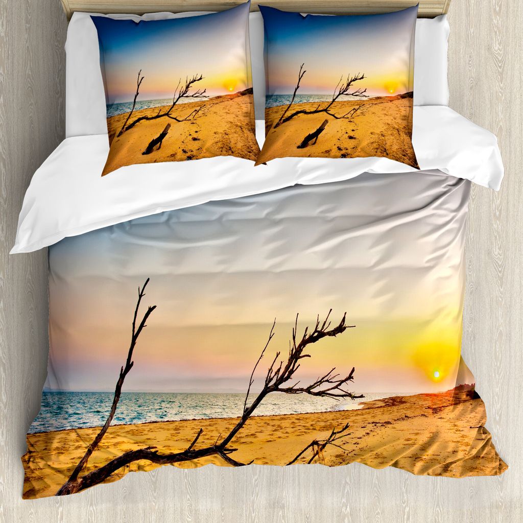 ABAKUHAUS Landschaft Bettbezugs Set Für Doppelbetten, Sonnenaufgang an einem Seeufer, Milbensicher Allergiker geeignet mit Kissenbezügen, Sandbra...