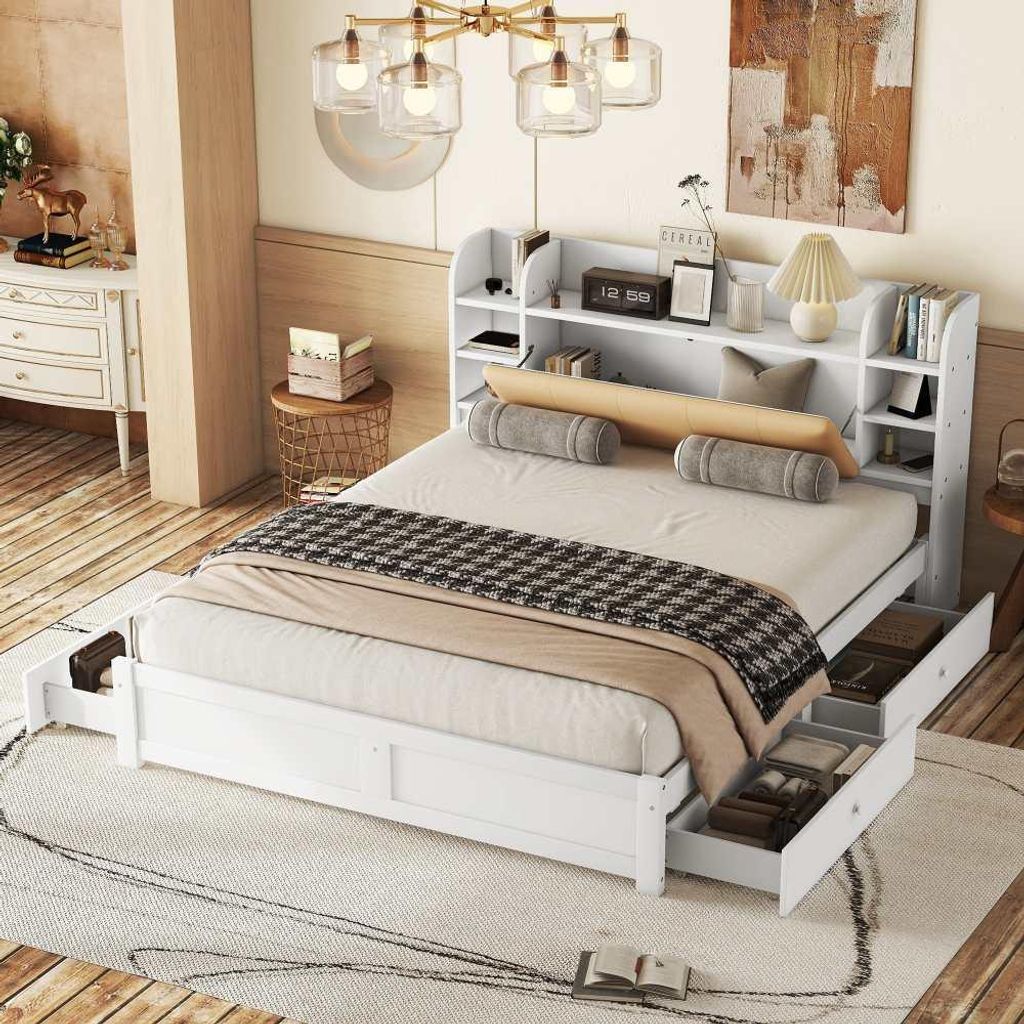 Weißes Bett mit Stauraum: Praktisches Design mit teilmontiertem Kopfteil, schwenkbar und 4 Schubladen für optimale Ordnung, 180x200 cm, weiß