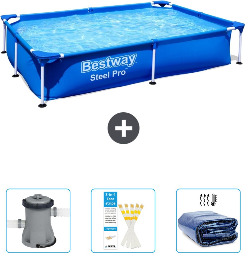 Bestway rechteckiger Steel Pro-Schwimmbecken – 221 x 150 x 43 cm – Blau – im Lieferumfang enthalten Pumpe - Teststreifen - Sonnensegel