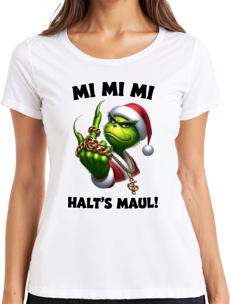 Grinch Weihnachtsgrinch MI MI MI HALT'S MAUL Goldkette HipHop Damen T-Shirt, Weiß, L