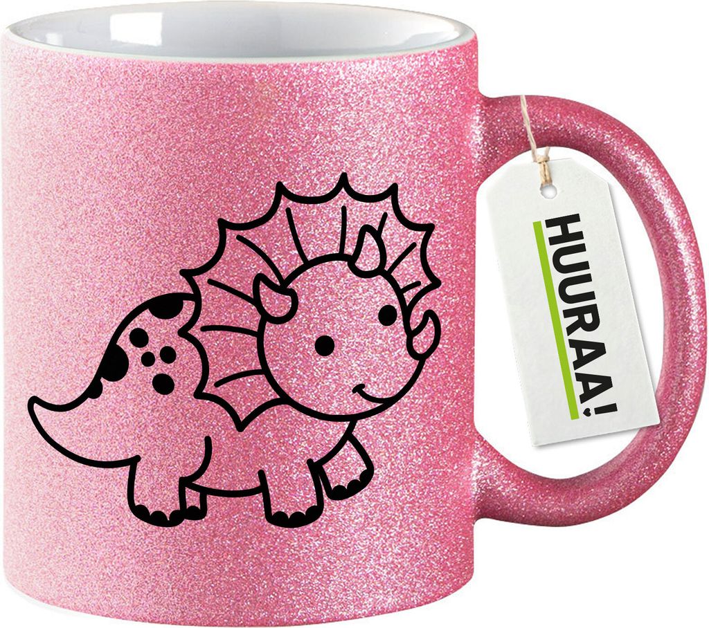 Huuraa Glitzertasse Triceratops Dinosaurier 330ml Pink Keramik Kaffeebecher Geschenkidee