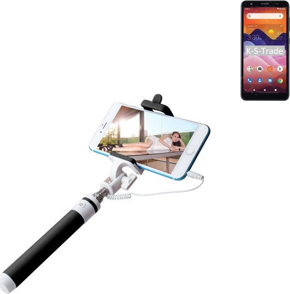 K-S-Trade Selfie Stick kompatibel mit ZTE Avid 579 Selfiestick kabelgebunden Monopod mit Kabel Stab Stange Selfportrait Handheldstick schwarz 1x