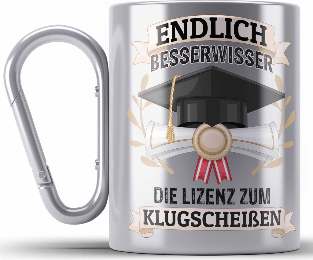 Trendation - Bachelor Abschluss Geschenk Edelstahl Tasse Karabiner Prüfung Bestanden Uni Graduation Geschenkidee - Endlich Besserwisser (Silber)