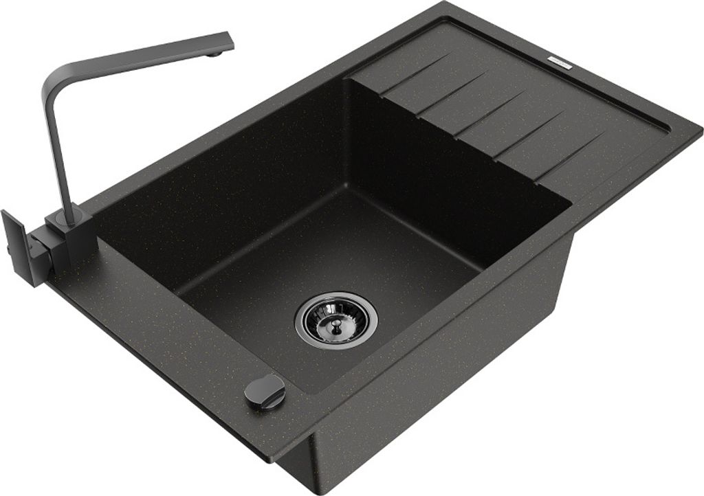 Mexen Elias 1 Becken-Granitspüle mit Abtropffläche und Mischbatterie Rita, Schwarz/Gold metallisch - 6511-75-670300-70-B