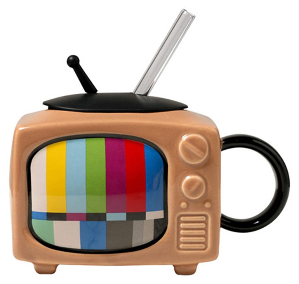 Retro-Fernseher-Keramikbecher mit Deckel und Strohhalm, 450 ml, kreatives, nostalgisches Design, auslaufsicher und hitzebeständig, originelles Ges...