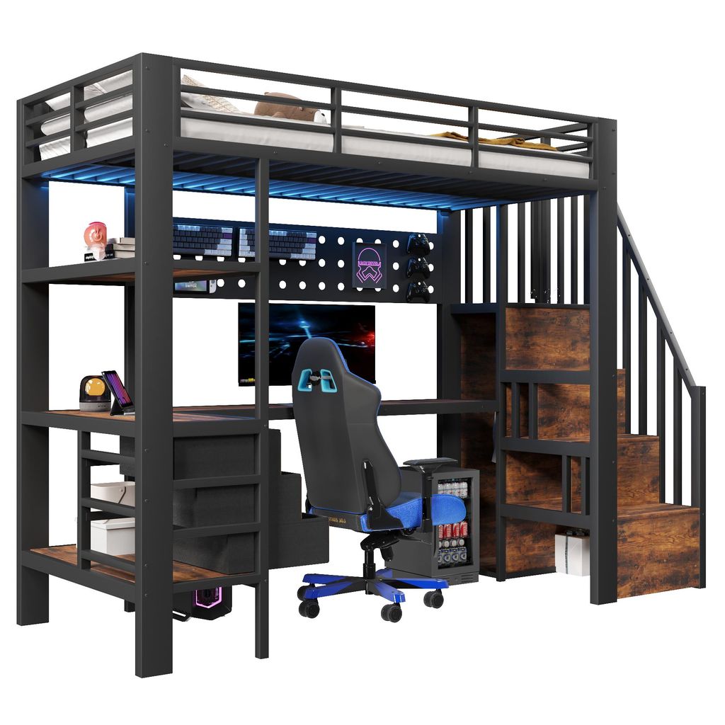 Hochbett mit RGB LED-Streifen, Regal, Schreibtisch, Schubladen und Wandgitter, 90x200 cm, Treppe mit offenem Kleiderschrank, Kinderbett, Metallbett