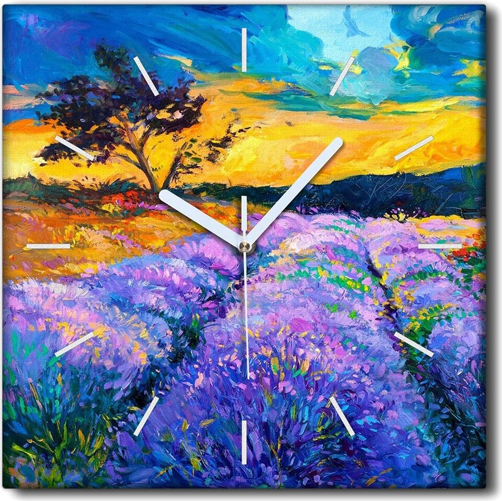 Coloray Uhr auf Leinwand 30x30 cm Wand Uhr Dekoration Wohnzimmer Segeltuch weiße Zeiger -Lavendel-Sonnenuntergang.