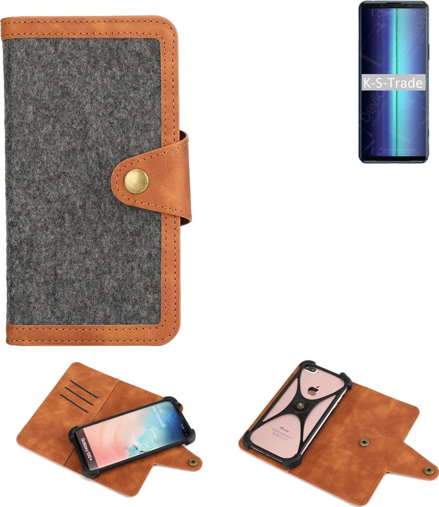K-S-Trade Schutzhülle Handyhülle kompatibel mit Sony Xperia 8 Lite Filz Hülle Kunst-Leder dunkelgrau braun (1x)