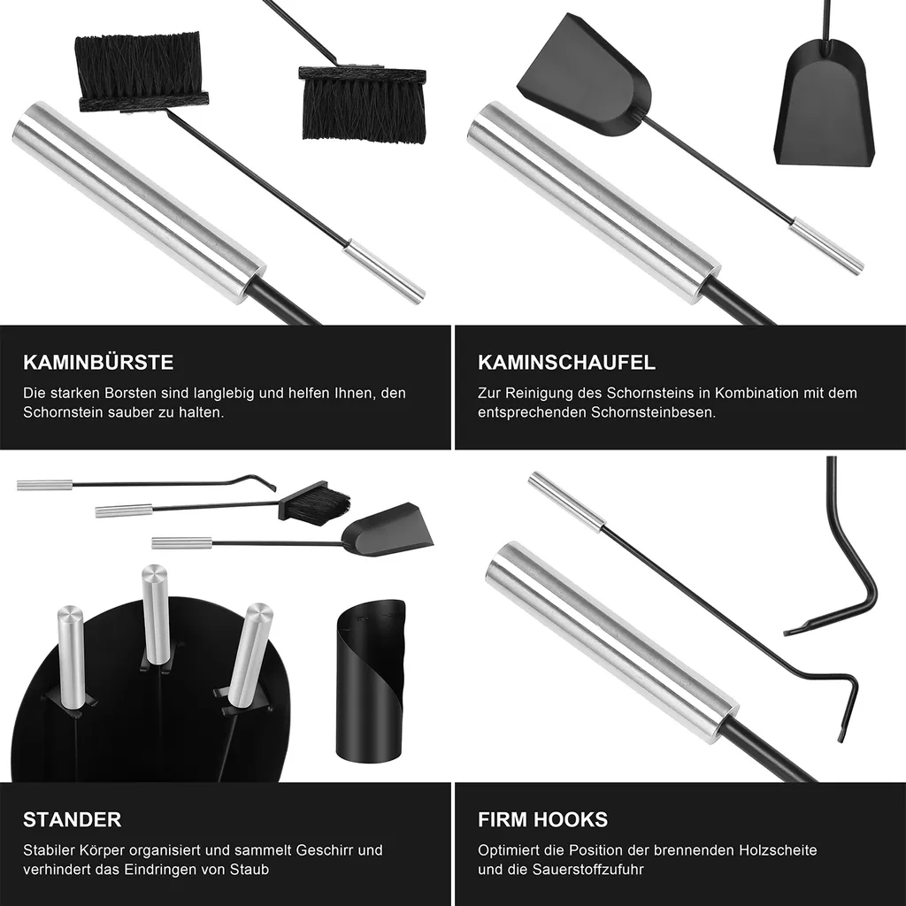 Serviteur de cheminée design 4 accessoires - Kit d'entretien complet - 5