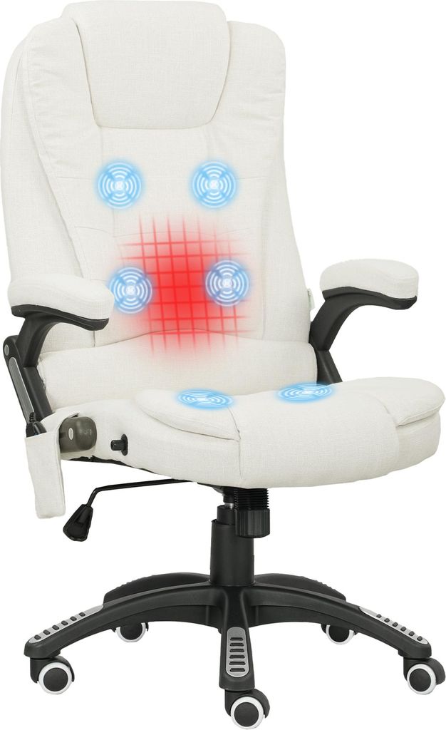 Ergonomischer Schreibtischstuhl mit Massagefunktion, 68 x 72 x 110–120 cm, Cremeweiß, Leinenimitat (100% Polyester), Schaumstoff