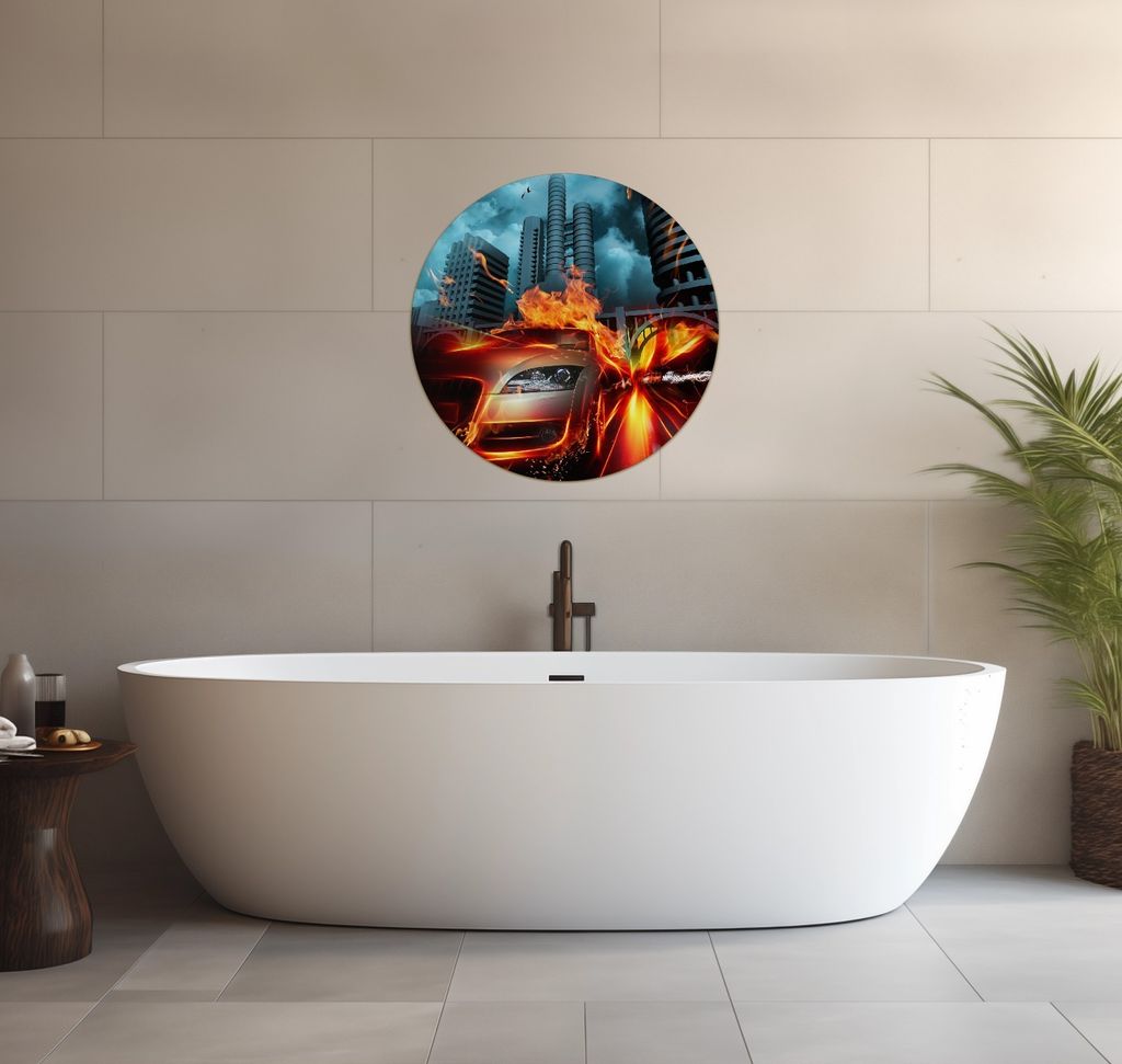 Wallario wasserfestes Poster selbstklebend 60 x 60 cm, Brennendes fahrendes Auto, Badezimmerposter Spritzschutz mit Hochglanzoberfläche in Glasoptik