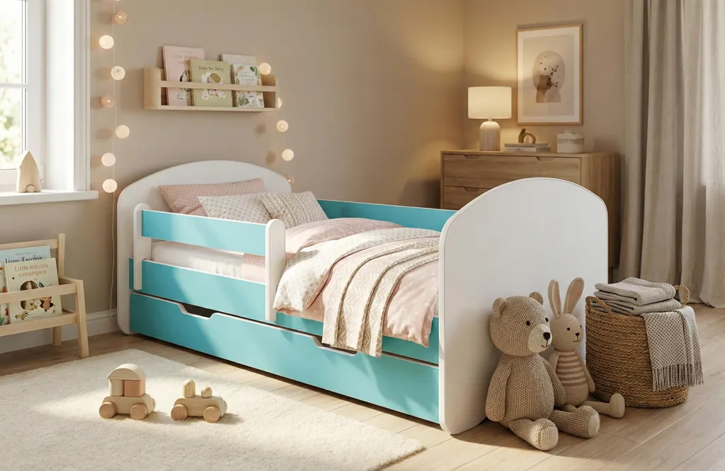 Lit enfant 160x80 bleu avec matelas et tiroir de rangement inclus