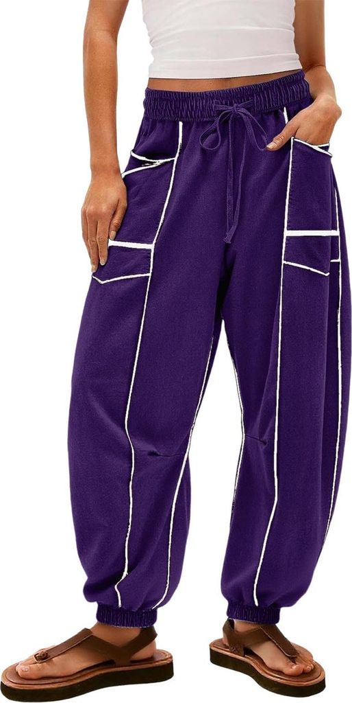 ASKSA Damen Hose Trainingshose Kordelzug Baggy Jogginghose Y2K Patchwork Loose Fit Stretch High Waist Streetwear Sporthose (Violett,XXL)