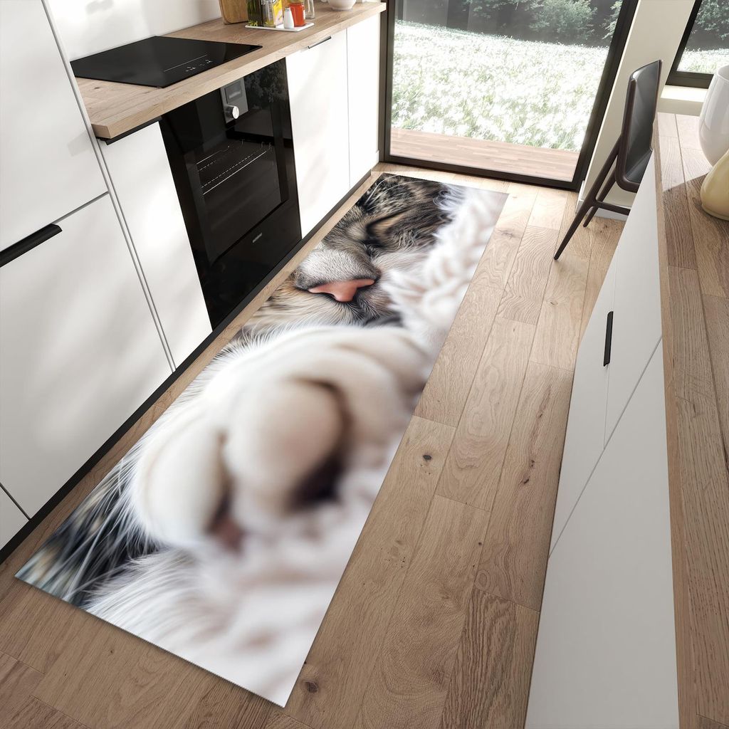 Küchenteppich 80x280cm rutschfest & abwischbar PVC Läufer - Schlafende Katze
