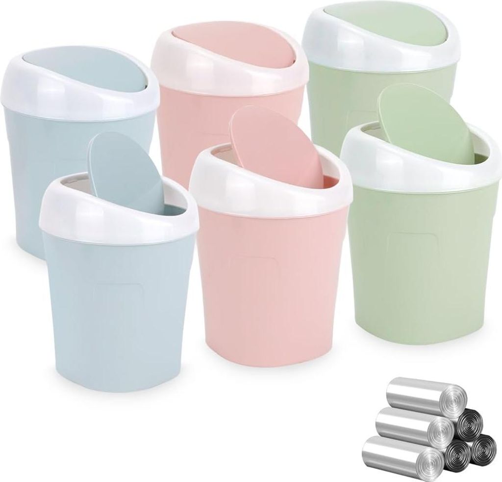 Kunststoff Mini Mülleimer mit Schwingdeckel 12 Rollen Müllbeutel Kompaktes Design Kosmetikeimer - Zuhause Büro - 10,5 * 10,5 * 16,5 cm - Blau Ro...