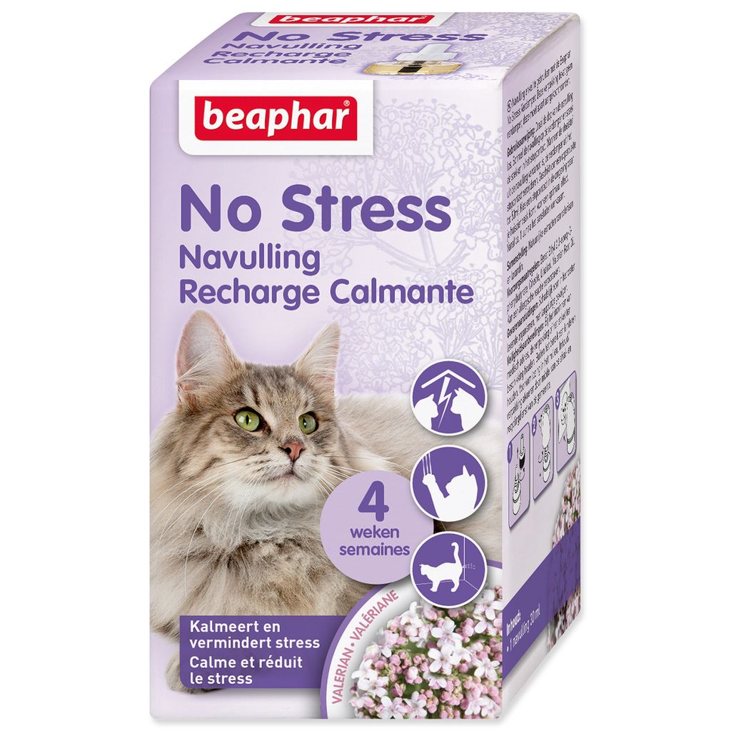 A product box for Beaphar No Stress cat refill, featuring a cat and floral imagery.