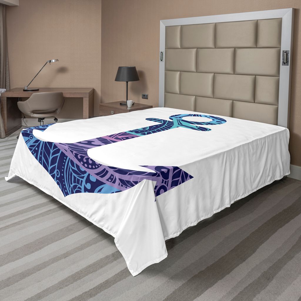 ABAKUHAUS Anker Bettlaken, Gemusterte Anker Bild Marine Elemente Spirituelle Seele Emblem Ozeanic Kunstdruck, weiches bequemes oberes Bettlaken fü...