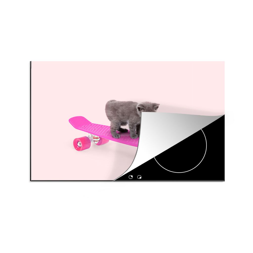 KitchenYeah Herdabdeckplatte Katze - Kätzchen - Tiere - Skateboard - Rosa , 81x52cm, Küche Deko, Glaskeramikkochfeld Herdabdeckung, Abdeckplatt...