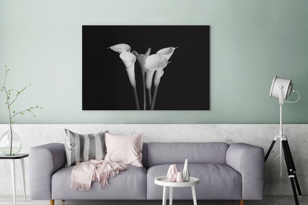 OneMillionCanvasses - Leinwandbilder - 140x90 cm, Eine Nahaufnahme von Calla-Lilien-Blüten auf schwarzem Hintergrund, Wandbilder Kunstdruck Wand...