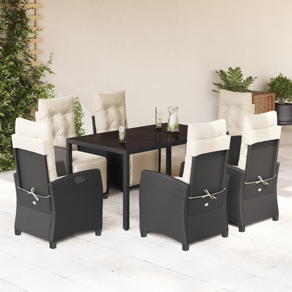 Design 7-tlg. Garten-Essgruppe mit Kissen Schwarz Poly Rattan, Gartenmöbel-Sets 2024 Neu