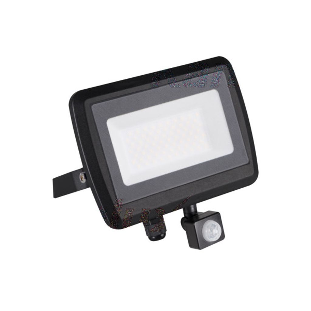 A black LED floodlight with a motion sensor is shown against a white background.
