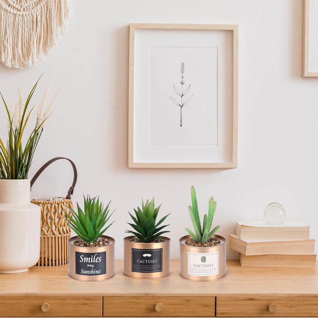 Künstliche Grüne Plastikpflanzen in Kupfer Metalltöpfen - Set von 3 - 10 x 75 cm - Fake Sukkulenten Kaktus - Haus & Büro Dekoration