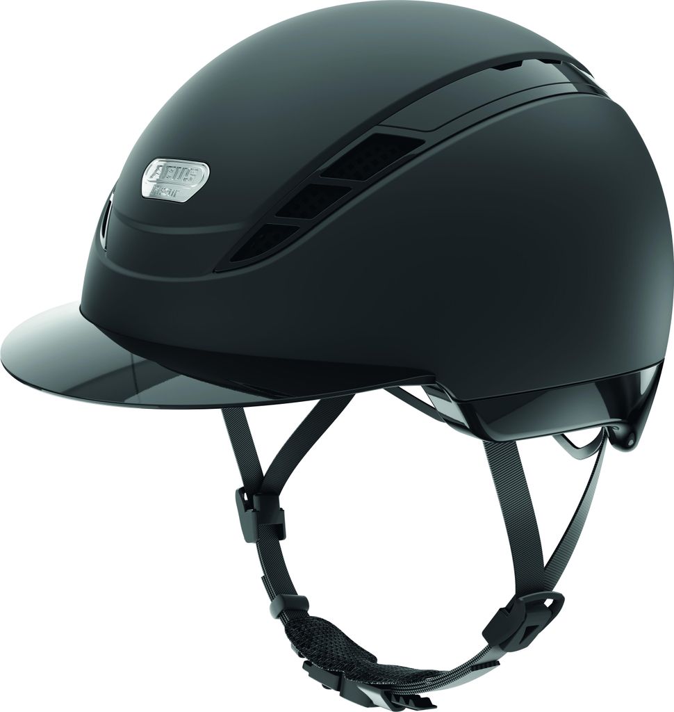 A black equestrian helmet with a visor and straps, shown against a white background.